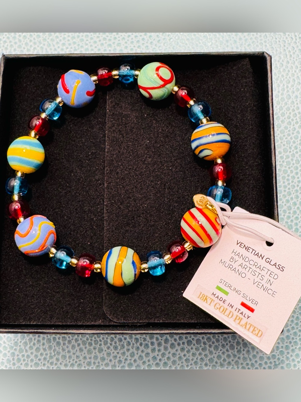 NWT Italian Handcrafted Murano Glass Venetian Glass Bracelet - 18 kt Gold Plated - Picture 3 of 8